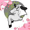 Manuel the goat furry floating in front of a grey circle with intircate green detailing, there are bright pink bubbles around the edges, the image is transparent otherwise